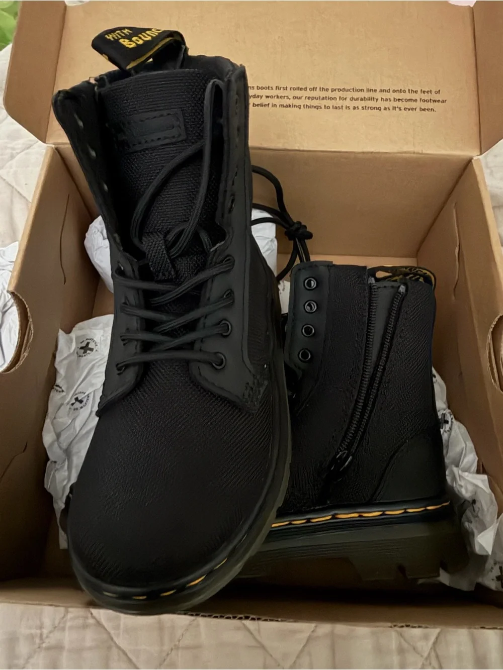 Dr. Martens Kids Black Leather Boots with Translucent Brown Gum Sole